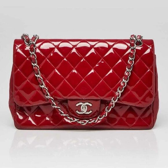Chanel Red Quilted Patent Leather Classic Jumbo Double Flap Bag - Picture 1 of 12